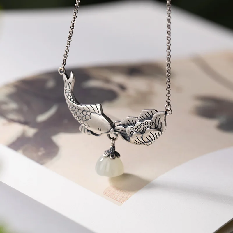 Natural 925 sterling silver carp lotus inlaid hetian jade retro pendant jewellery fashion for women lucky
Natural 925 sterling silver carp lotus inlaid hetian jade retro pendant jewellery fashion for women lucky
