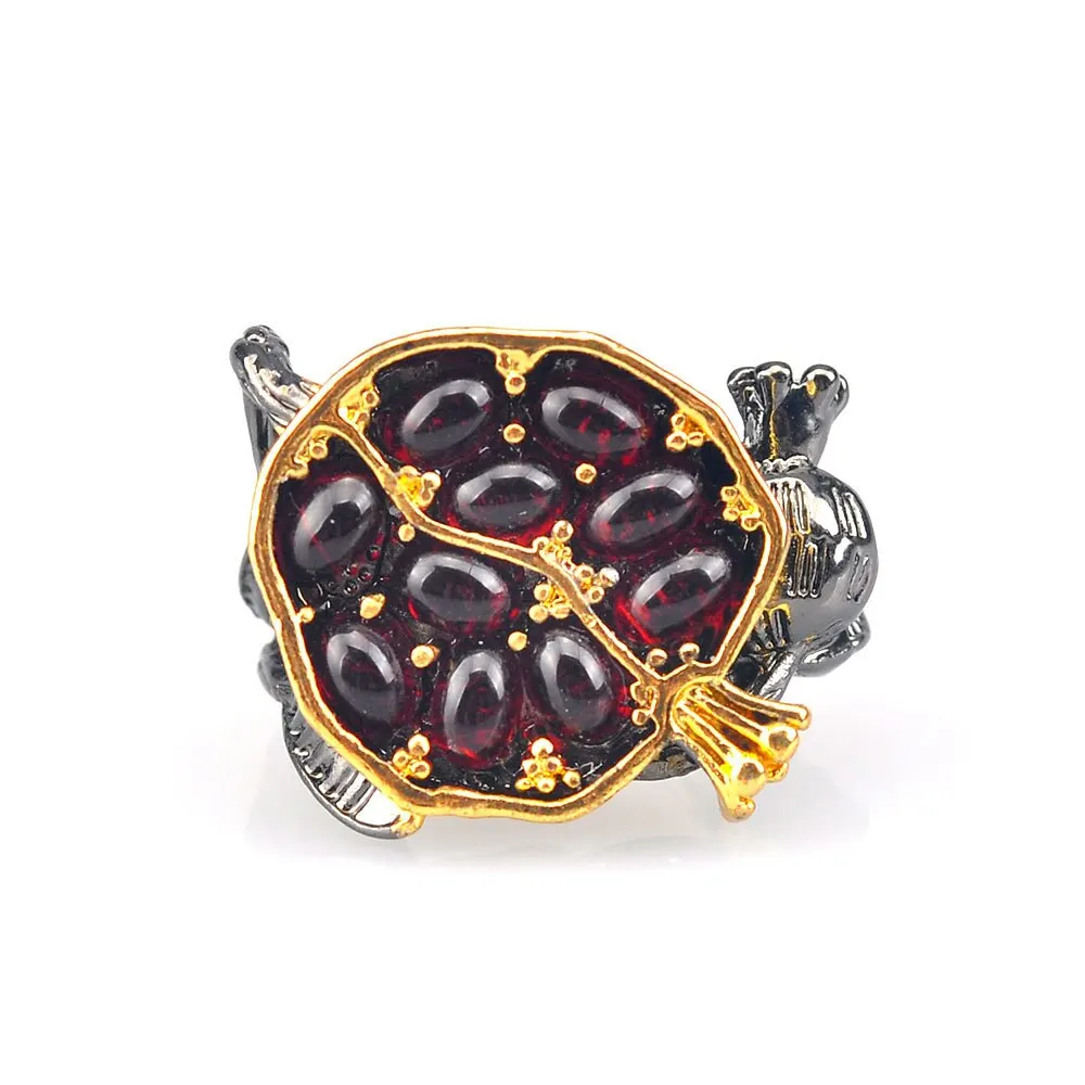 Винтажное кольцо с красным гранатовым камнем фруктами виноградной лозой модное
