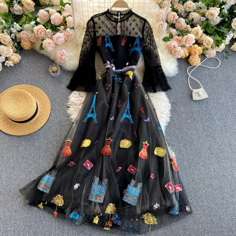 Runway Designer Summer Cartoon Embroidery Mesh Long Celebrity Party Dresses for Women Flare Sleeve Robe Femme Sexy Black Vestido
Runway Designer Summer Cartoon Embroidery Mesh Long Celebrity Party Dresses for Women Flare Sleeve Robe Femme Sexy Black Vestido