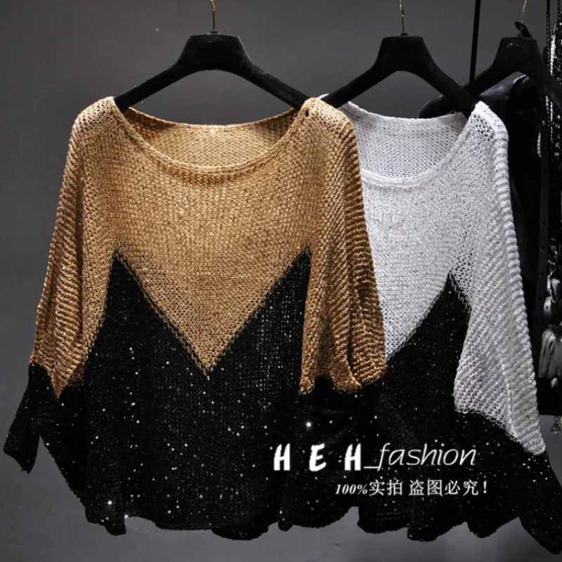 

Woman Sequins Sweater Contrast Color Beaded Pullovers Loose Cape Bat Sleeve Knitted Shirts Hollow O-neck Sweaters Crocheted Tops