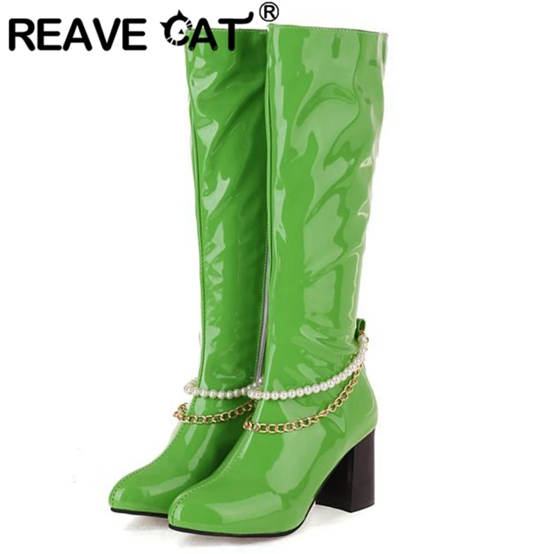 REAVE CAT Woman's Knee Boots Pointed Toe Block Heels Zipper Chains Big Size 30-48 Solid Green Black Yellow Concise Winter S2762
REAVE CAT Woman's Knee Boots Pointed Toe Block Heels Zipper Chains Big Size 30-48 Solid Green Black Yellow Concise Winter S2762
