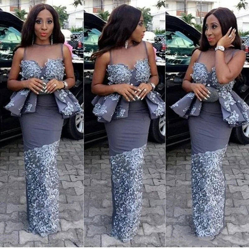 Sexy African Women Grey Straight Evening Dresses Peplum Ruffles Appliques Lace Illusion O-Neck Formal Party Gowns Prom Dress
Sexy African Women Grey Straight Evening Dresses Peplum Ruffles Appliques Lace Illusion O-Neck Formal Party Gowns Prom Dress