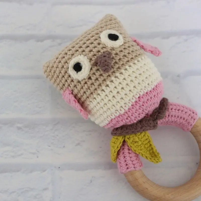 Baby Wooden Teether Ring DIY Crochet Owl Rattle Soother Teething Molar Play Toy