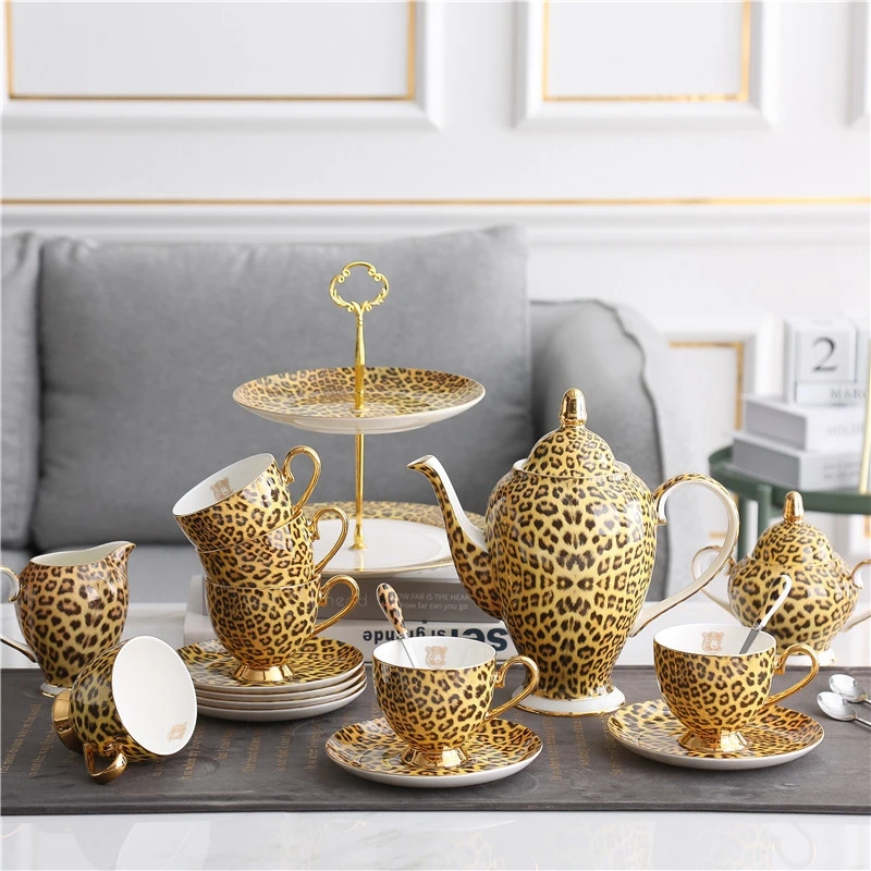 Luxury Golden Leopard Print Ceramic 15pcs Coffee Tea Cup Set Bone China Coffee Cup and Saucer Latte Cups Cakestand Drinkware 
Luxury Golden Leopard Print Ceramic 15pcs Coffee Tea Cup Set Bone China Coffee Cup and Saucer Latte Cups Cakestand Drinkware