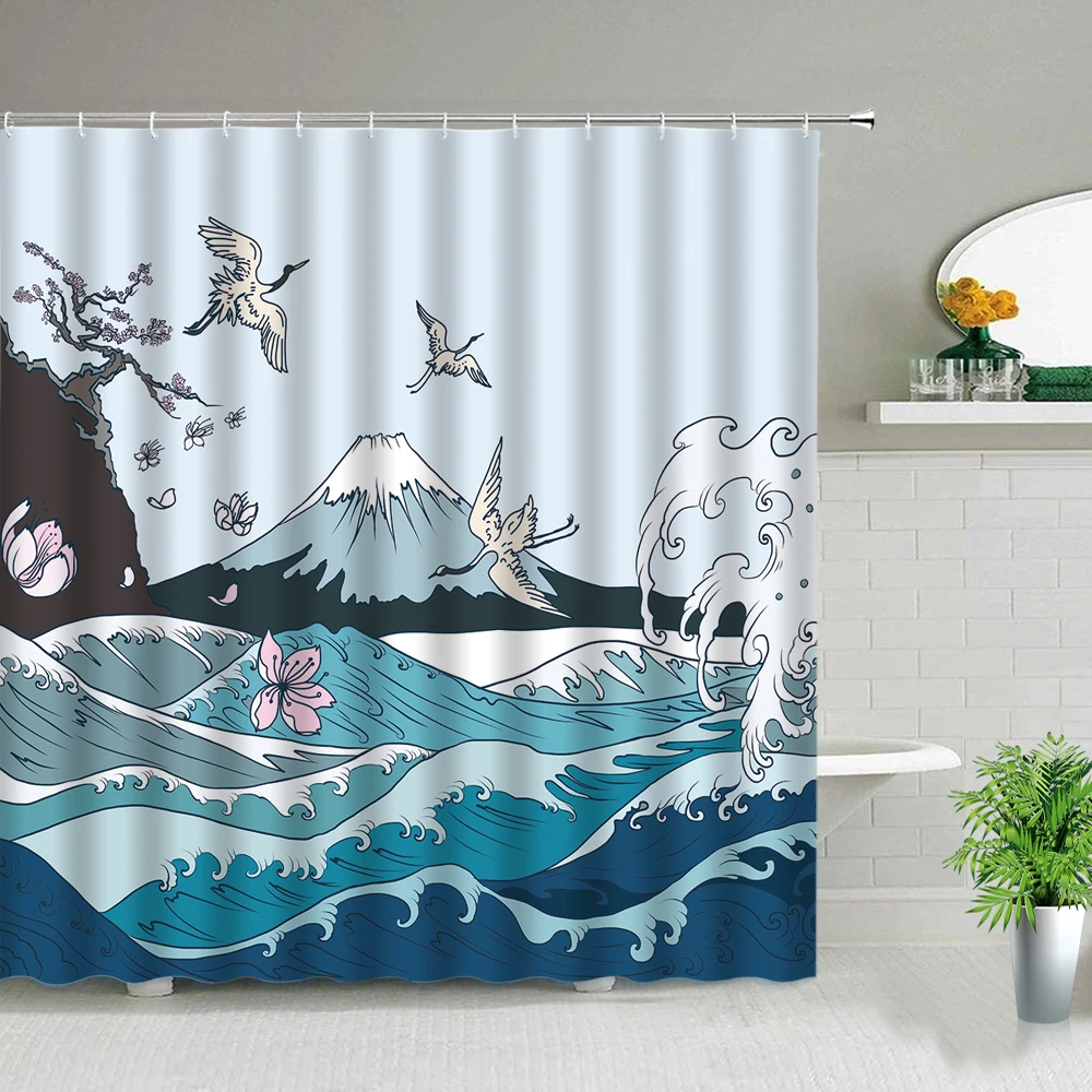 

Cartoon Japan Mount Fuji Landscape with Cherry Blossom Shower Curtains Waterproof Bathroom Curtain Fabric For Kids Bathtub Decor