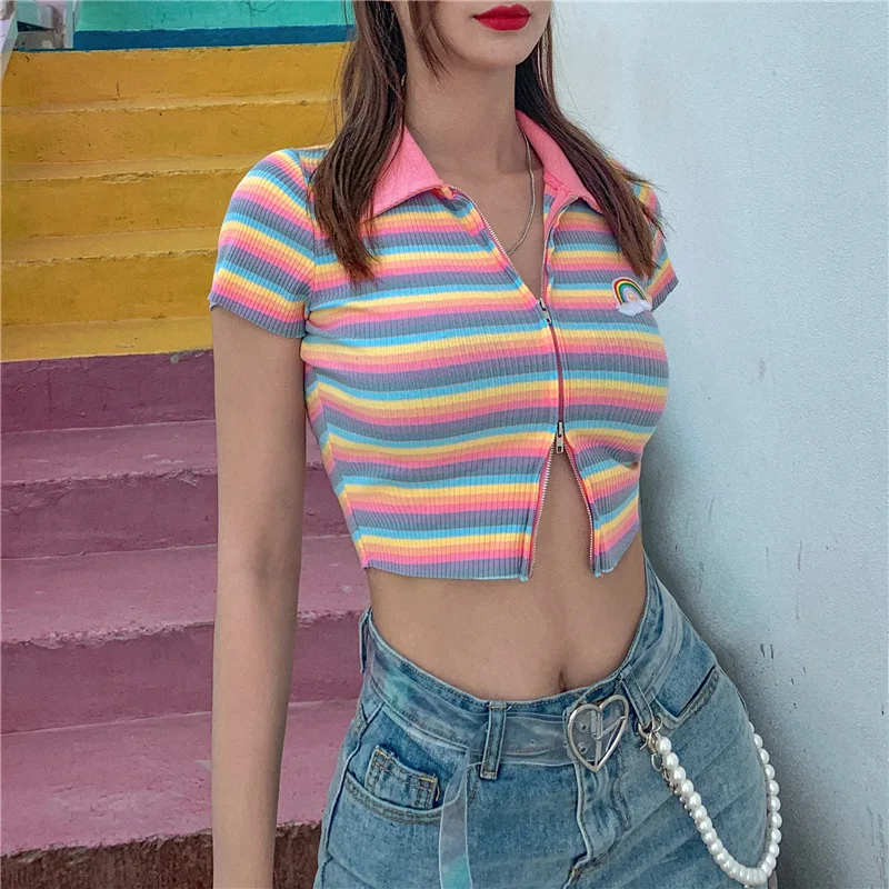 Y2k Women\\u2019s T-shirts Gothic Casual Short-sleeved Cardigan Fashion Stripe Rainbow Embroidery Zipper Exposed Navel 2021
Y2k Women\\u2019s T-shirts Gothic Casual Short-sleeved Cardigan Fashion Stripe Rainbow Embroidery Zipper Exposed Navel 2021