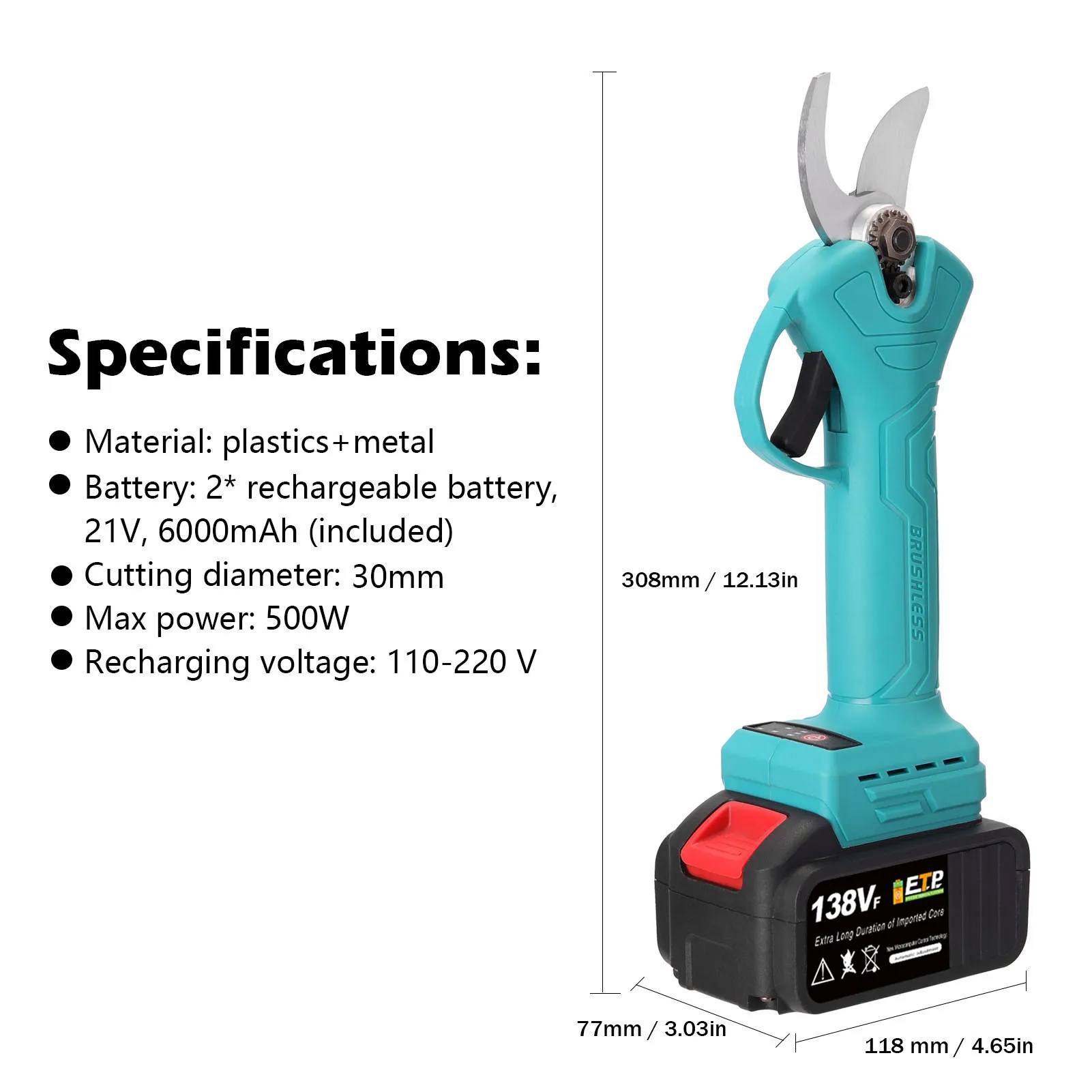 21V 500W Cordless Pruner 30mm Electric Pruning Shear Efficient Fruit Tree Bonsai Pruning Branches Cutter Landscaping Tool
21V 500W Cordless Pruner 30mm Electric Pruning Shear Efficient Fruit Tree Bonsai Pruning Branches Cutter Landscaping Tool