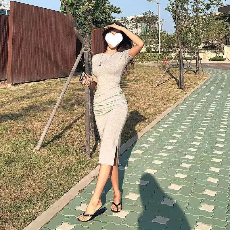 Sexy Tight-Fitting Ladies Bag Hip Dress Slim Short-Sleeved Pleated Long Knee-Length T-Shirt Skirt Female Xia Xian Thin Split
Sexy Tight-Fitting Ladies Bag Hip Dress Slim Short-Sleeved Pleated Long Knee-Length T-Shirt Skirt Female Xia Xian Thin Split