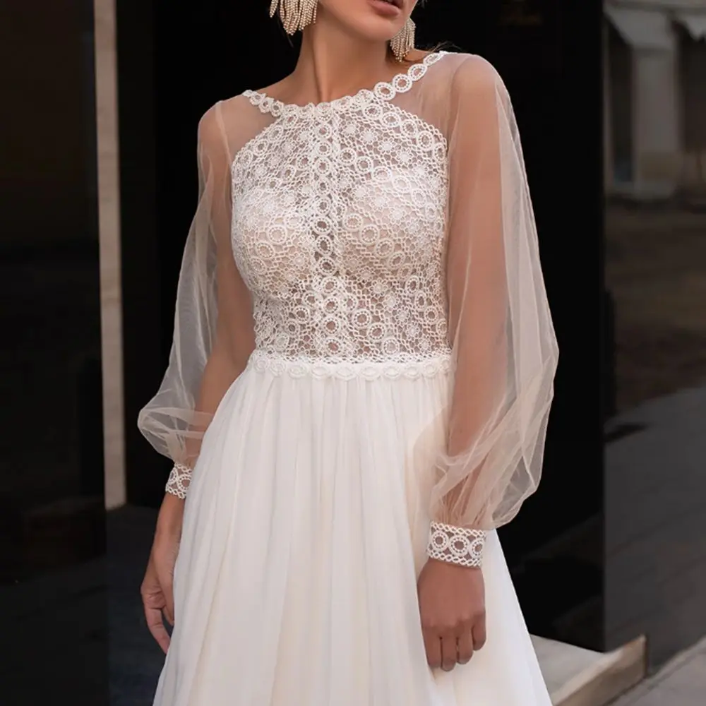O Neck Long Sheer Sleeves Lace Bridal Gown Front Slit Summer Chiffon V-Back Handmade Custom Made Wedding Dresses
O Neck Long Sheer Sleeves Lace Bridal Gown Front Slit Summer Chiffon V-Back Handmade Custom Made Wedding Dresses