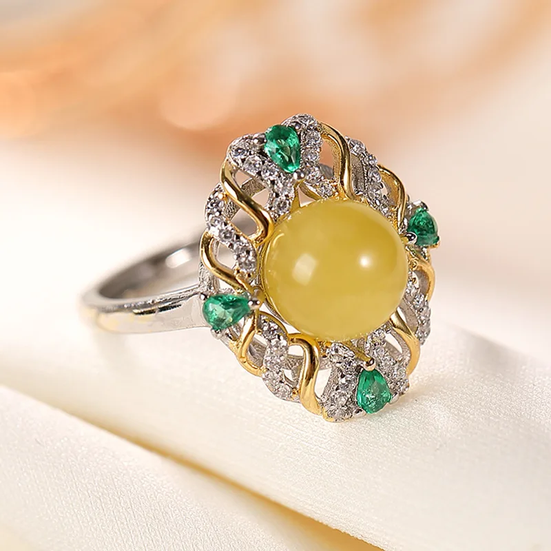 New S925 Sterling Silver Gilded Big Size Natural Beeswax Amber Rings Sweet Trend Hollow Women Adjustable Opening Ring K0115
New S925 Sterling Silver Gilded Big Size Natural Beeswax Amber Rings Sweet Trend Hollow Women Adjustable Opening Ring K0115