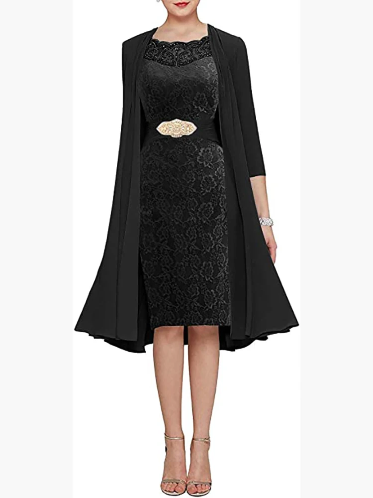 New Women 2 Piece Set Knee Length Lace Mother of the Bride Dress with Chiffon Jacket Scoop Neck Beaded Wedding Guest Dresses
New Women 2 Piece Set Knee Length Lace Mother of the Bride Dress with Chiffon Jacket Scoop Neck Beaded Wedding Guest Dresses