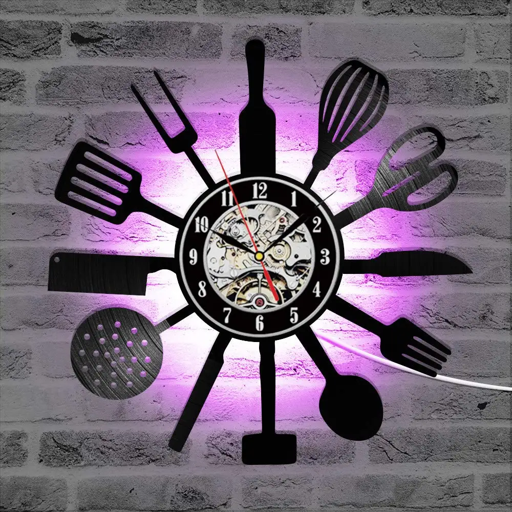 Kitchen Vinyl Record Wall Clock Modern Design Knife and Fork Time Clock with 7 Colors Cahnge 3D Wall Watch Home Decor
Kitchen Vinyl Record Wall Clock Modern Design Knife and Fork Time Clock with 7 Colors Cahnge 3D Wall Watch Home Decor