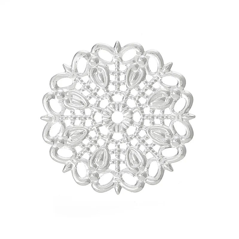 50 PCs Doreen Box Copper Embellishment Findings Round Silver Color Hollow Flower Pattern For DIY Jewelry Making 25mm x | Украшения и