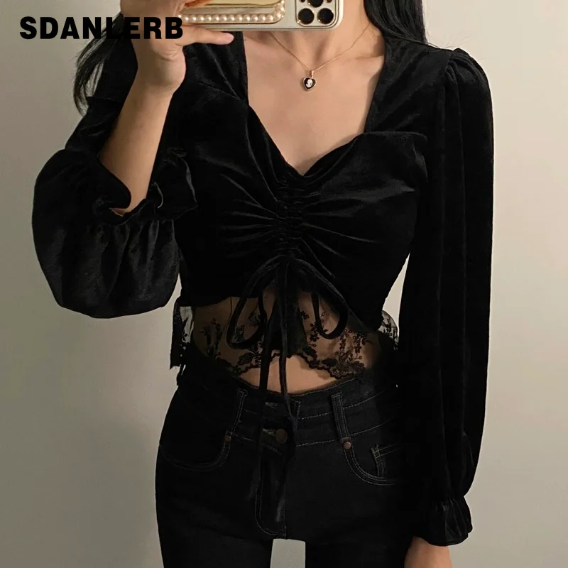 Spring and Autumn Bubble Sleeve Tops Lace Stitching Drawstring Lace-up Slimming Blouse Women's Short Long Sleeve Shirt
Spring and Autumn Bubble Sleeve Tops Lace Stitching Drawstring Lace-up Slimming Blouse Women's Short Long Sleeve Shirt