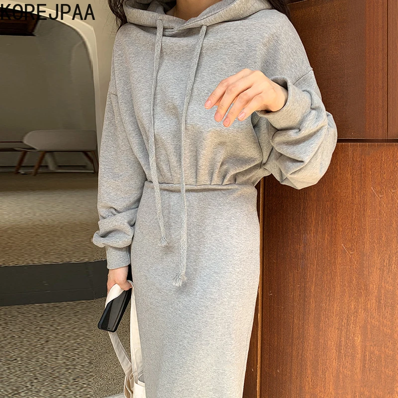 Korejpaa Casual Women Dress Autumn Korea New Fashion All-match Drawstring Hooded Pleated Waist Solid Thick Bodycon Vestido
Korejpaa Casual Women Dress Autumn Korea New Fashion All-match Drawstring Hooded Pleated Waist Solid Thick Bodycon Vestido