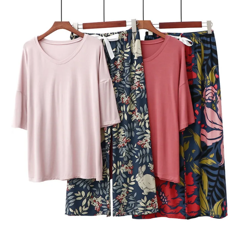 INS Style Women Loose Thin Modal V-Neck Floral Pants 2pcs Household Pajamas Set For Summer Ladies Comfort Large Thin Sleepwear
INS Style Women Loose Thin Modal V-Neck Floral Pants 2pcs Household Pajamas Set For Summer Ladies Comfort Large Thin Sleepwear