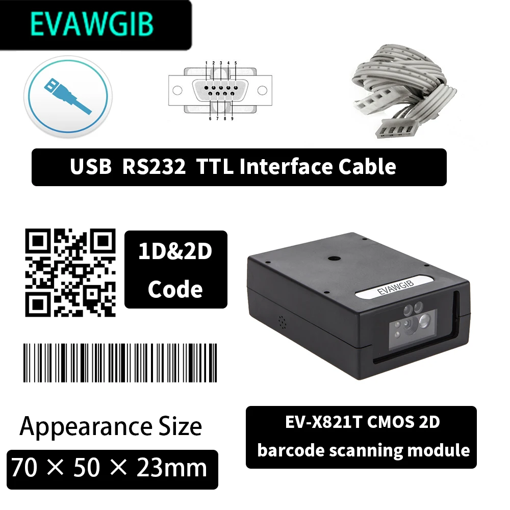 RS232 USB TTL CMOS 2D Fixed Barcode Scanner Module Self-service terminal embedded scanning module flexible decoding EVAWGIB
RS232 USB TTL CMOS 2D Fixed Barcode Scanner Module Self-service terminal embedded scanning module flexible decoding EVAWGIB