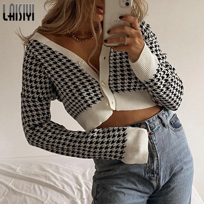 

Fashion Plaid Sexy Navel Long Sleeve Tops Women Casual Sweater V Neck Knitted Coats Cropped Cardigans Fall 2022 Female Clothes