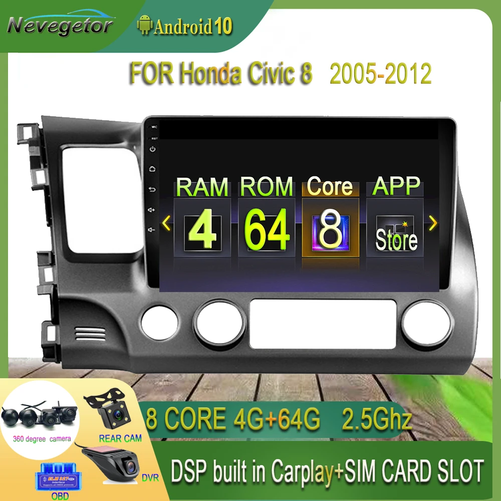 Автомагнитола 2DIN 4 Гб + 64 ГБ 10 1 дюйма Android GO DVD плеер для Honda Civic 2006 2007 2008 2009 2010 2011 GPS