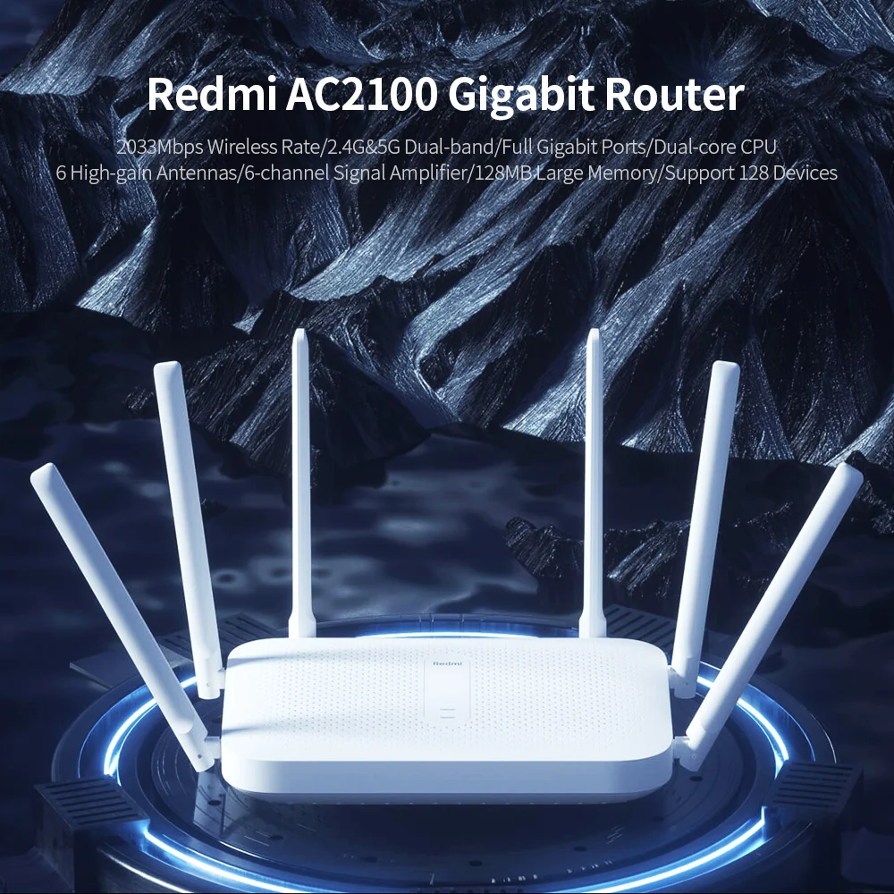 Xiaomi WiFi Router Redmi AC2100 Router 2.4G 5GHz Dual-Band Gigabit 2033Mbps WiFi Signal Amplifier with 6 High Gain Antennas
Xiaomi WiFi Router Redmi AC2100 Router 2.4G 5GHz Dual-Band Gigabit 2033Mbps WiFi Signal Amplifier with 6 High Gain Antennas