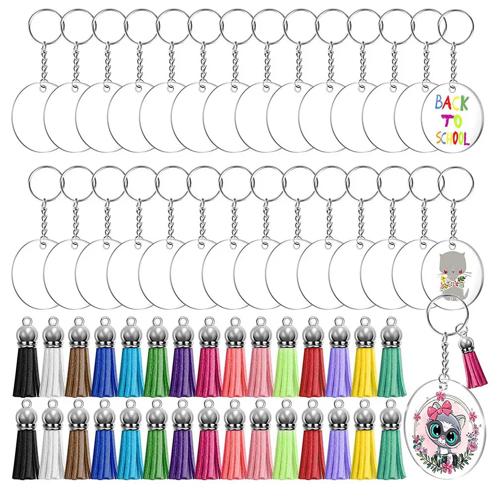 

120pc=30sets Acrylic Clear Keychain Rings Transparent Blank Round Circle Tassels Keyring Set DIY Drawing, Carving, Sticker Decor