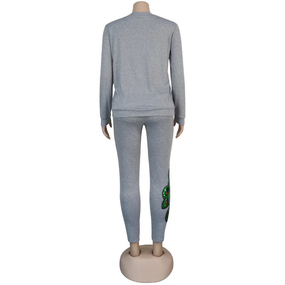 European leisure peacock Sequin two piece fashion fit solid color o-neck long sleeve T-shirt and pants women's suit
European leisure peacock Sequin two piece fashion fit solid color o-neck long sleeve T-shirt and pants women's suit