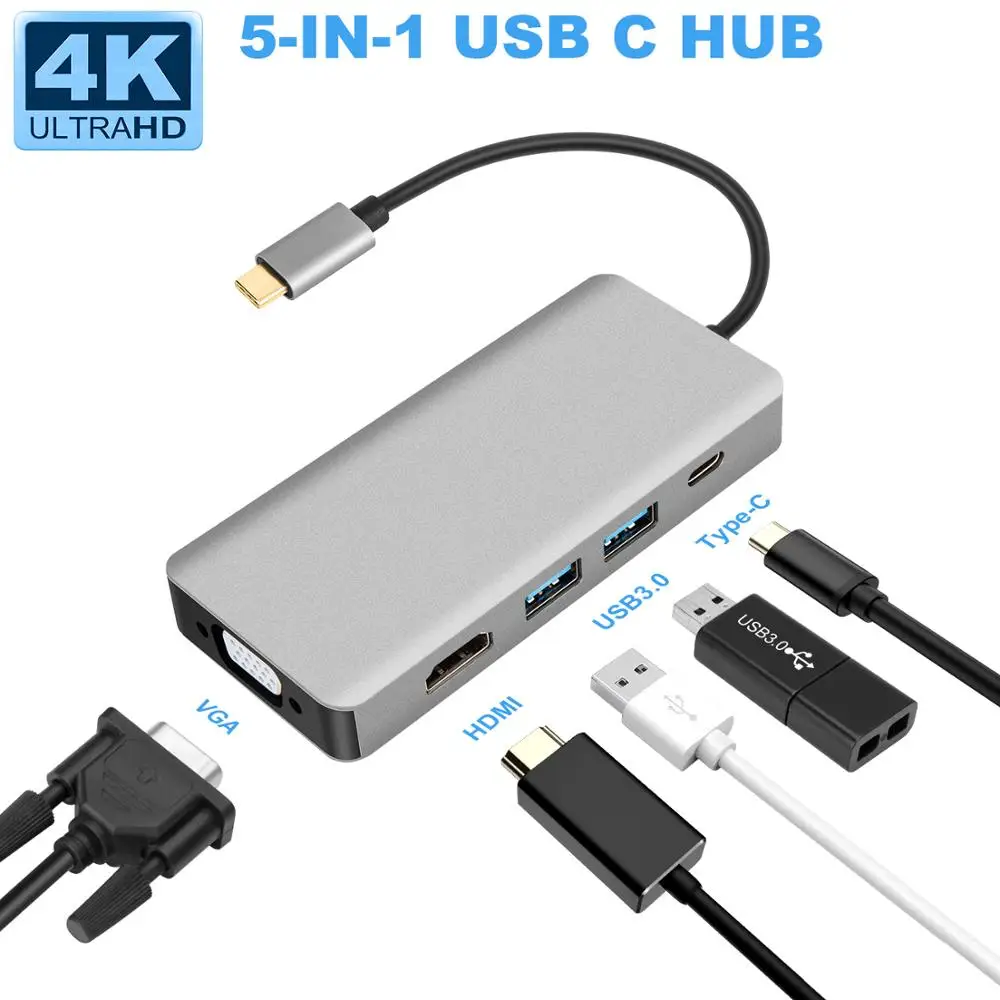 USB-C Thunderbolt 3 Hub usb3.1 Type C to HDMI 4K 30Hz VGA SB3.0 Hub USB C PD 5in1 Docking Adapter for Macbook Pro 2018 2017
USB-C Thunderbolt 3 Hub usb3.1 Type C to HDMI 4K 30Hz VGA SB3.0 Hub USB C PD 5in1 Docking Adapter for Macbook Pro 2018 2017