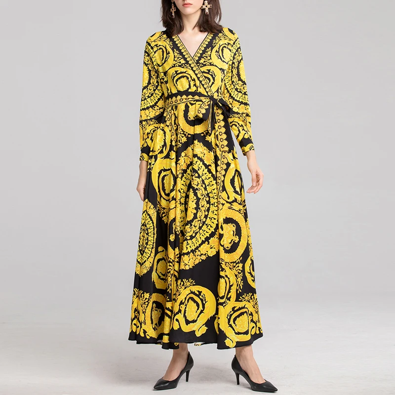 2021 Spring Yellow Runway Fashion Women Deep V-Neck Belt Flower Print Long Vintage Holiday Dress Vestidos
2021 Spring Yellow Runway Fashion Women Deep V-Neck Belt Flower Print Long Vintage Holiday Dress Vestidos