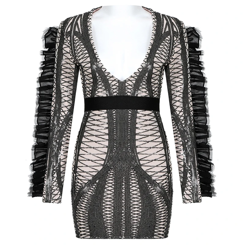 Beateen Sexy Deep V Lace Ruffles Long Sleeve Sequined Mini Bandage Dress Fall Winter 2019 New Women Party Club Vestidos
Beateen Sexy Deep V Lace Ruffles Long Sleeve Sequined Mini Bandage Dress Fall Winter 2019 New Women Party Club Vestidos