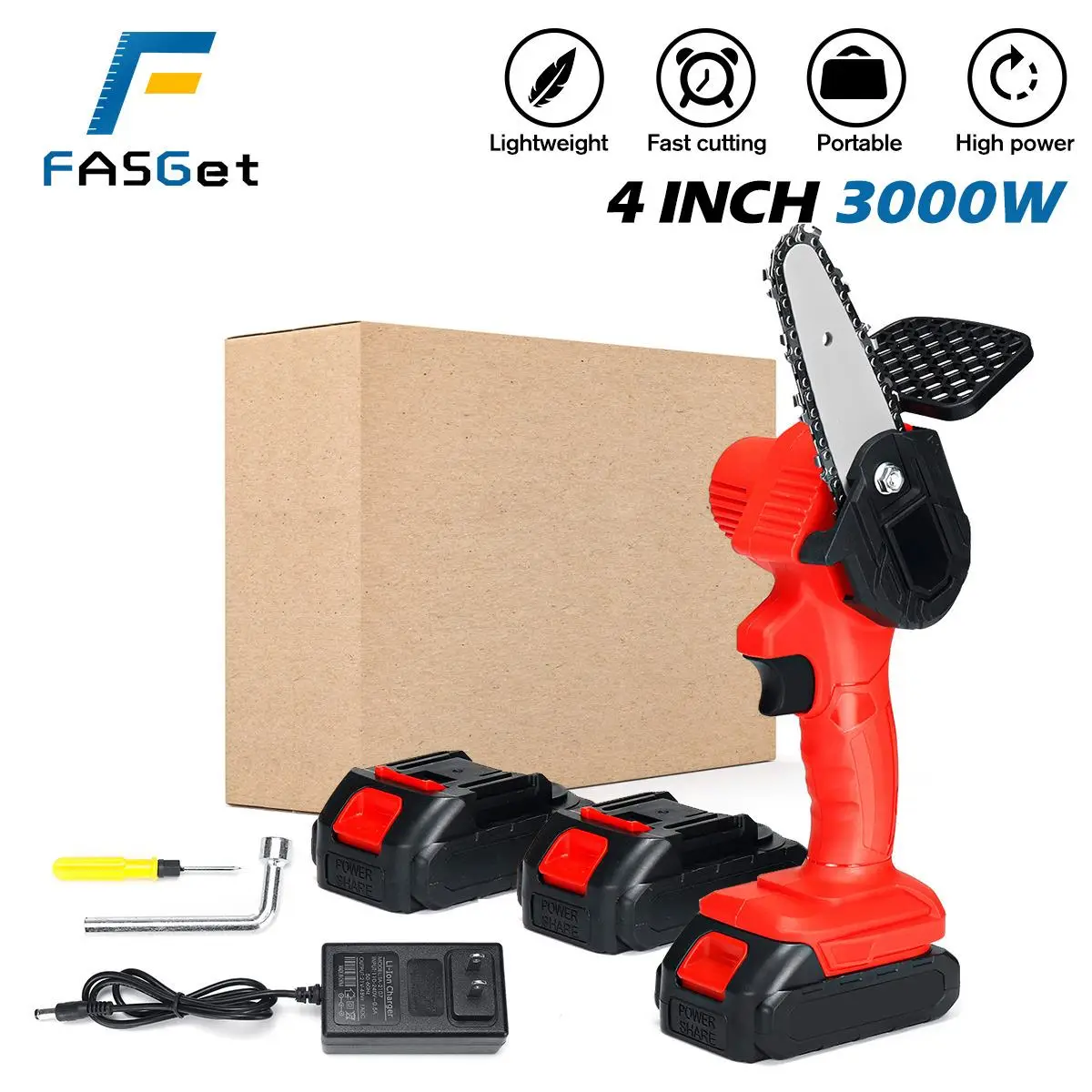 FASGet 3000W 4 Inch 88V Mini Electric Chain Saw With 2PC Battery Woodworking Pruning One-handed Garden Tool Rechargeable EU Plug
FASGet 3000W 4 Inch 88V Mini Electric Chain Saw With 2PC Battery Woodworking Pruning One-handed Garden Tool Rechargeable EU Plug