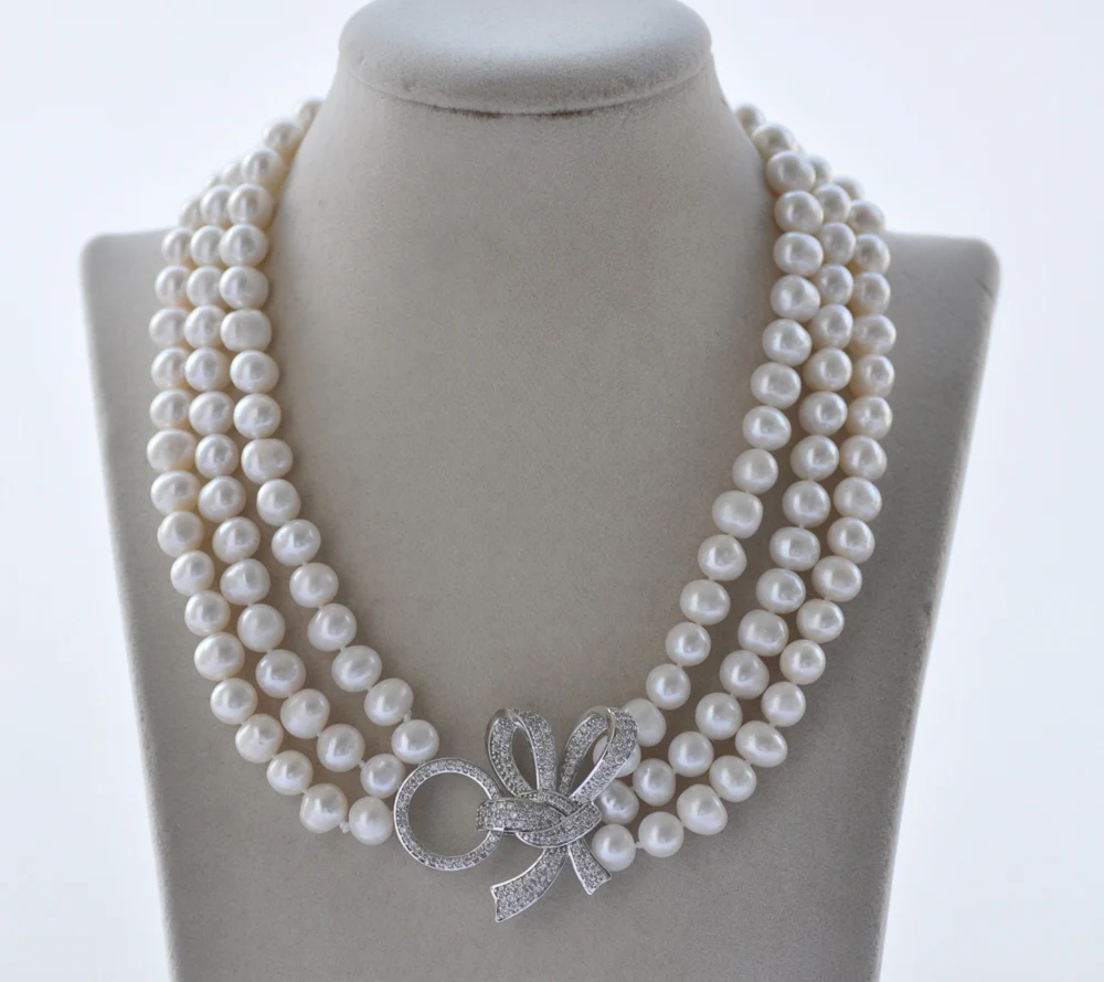 

MCT·STAR Z10715 3Row 19" 10mm White Round Freshwater Pearl Necklace CZ