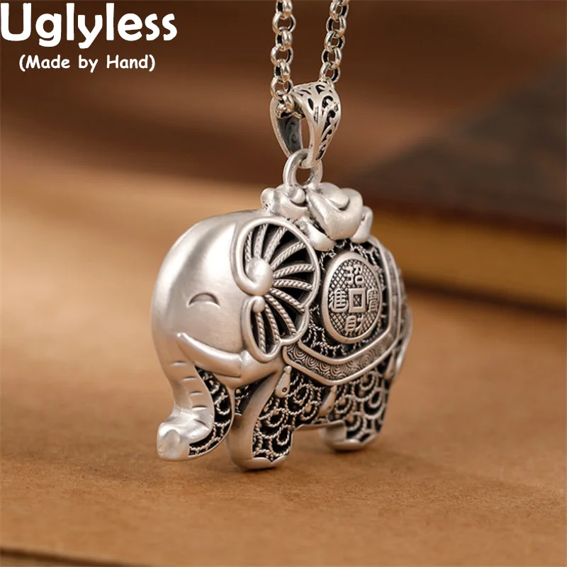 

Uglyless Filigree Elephants Necklaces for Women Real 999 Pure Silver Animals Pendants Thai Silver Hollow Elephant Jewel NO Chain