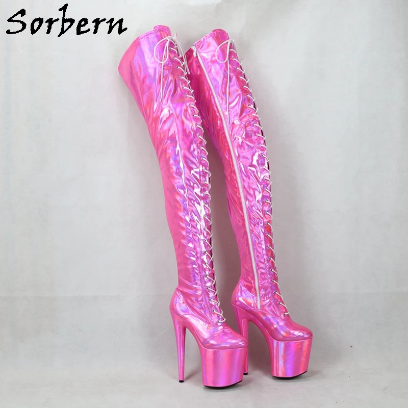 

Sorbern Holo Fuchsia Long Boots For Pole Dance Stripper Heel 20Cm Crotch Thigh High Boot Side Zipper Drag Queen Custom 15Cm 17Cm