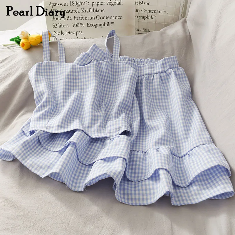 Pearl Diary Women Plaid Sets Ladies Two Pieces Back Smocked Spaghetti Crop Tops And Ruffle Mini Skirts Female Summer Sweet Sets
Pearl Diary Women Plaid Sets Ladies Two Pieces Back Smocked Spaghetti Crop Tops And Ruffle Mini Skirts Female Summer Sweet Sets