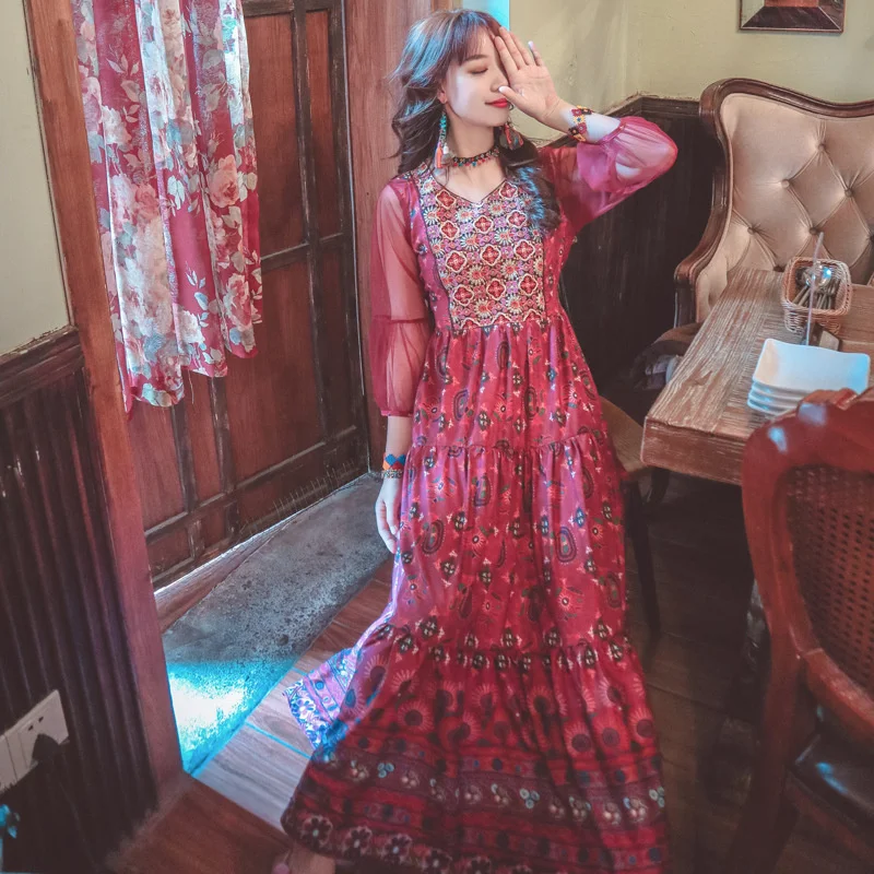 Spring Summer Women Chic Bohemian Floral Print Hobo Embroidery Maxi Dress Yellow Pink Ethnic Ruffled Dress Beach Travel Sunderss
Spring Summer Women Chic Bohemian Floral Print Hobo Embroidery Maxi Dress Yellow Pink Ethnic Ruffled Dress Beach Travel Sunderss
