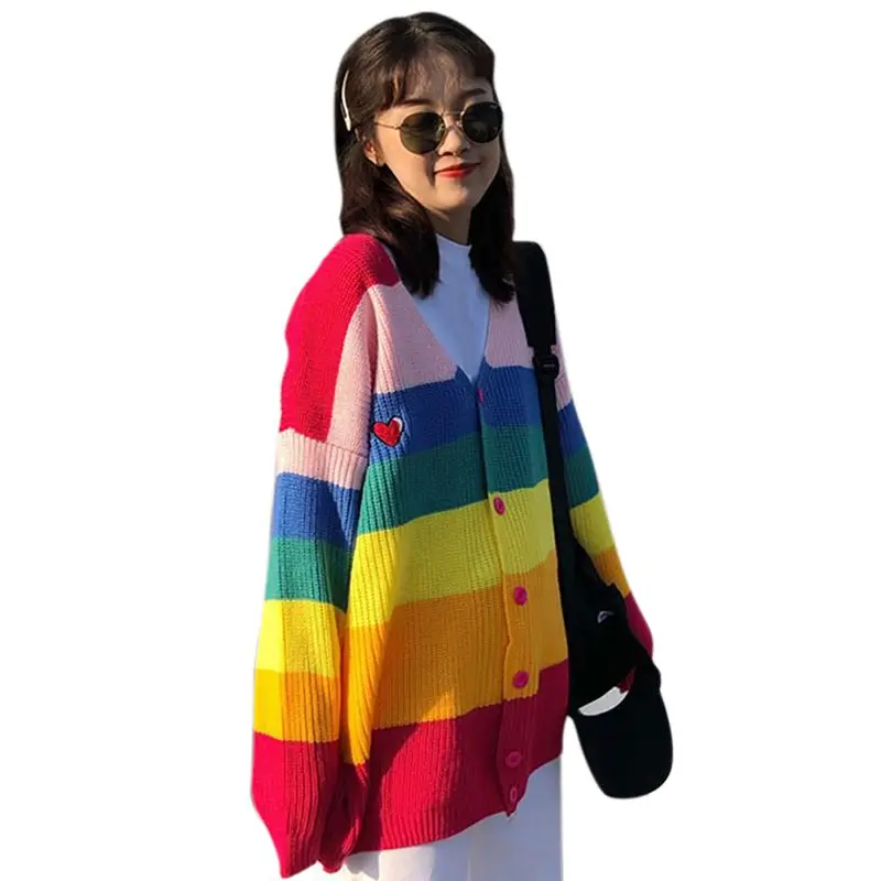 Women Rainbow Striped Long Sleeve Sweater Autumn Winter Single Breasted Loose Outwear V-Neck Letter Embroidered Knitted Sweaters
Women Rainbow Striped Long Sleeve Sweater Autumn Winter Single Breasted Loose Outwear V-Neck Letter Embroidered Knitted Sweaters
