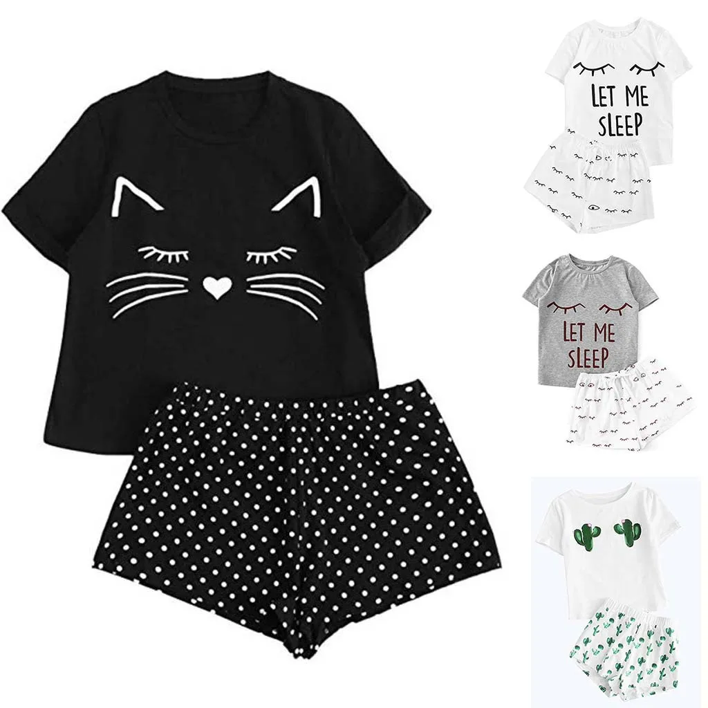 2020 Womens Pajamas Women Set Casual Shorts Short Sleeve Print Cotton T-Shirt Sleepwear Nightwear Set pyjama femme pijama mujer
2020 Womens Pajamas Women Set Casual Shorts Short Sleeve Print Cotton T-Shirt Sleepwear Nightwear Set pyjama femme pijama mujer