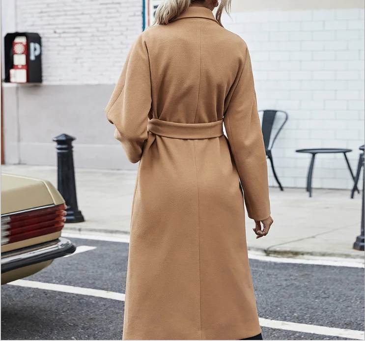 European and American women's autumn and winter mid-length camel color cardigan lace-up double-breasted woolen coat jacket women
European and American women's autumn and winter mid-length camel color cardigan lace-up double-breasted woolen coat jacket women