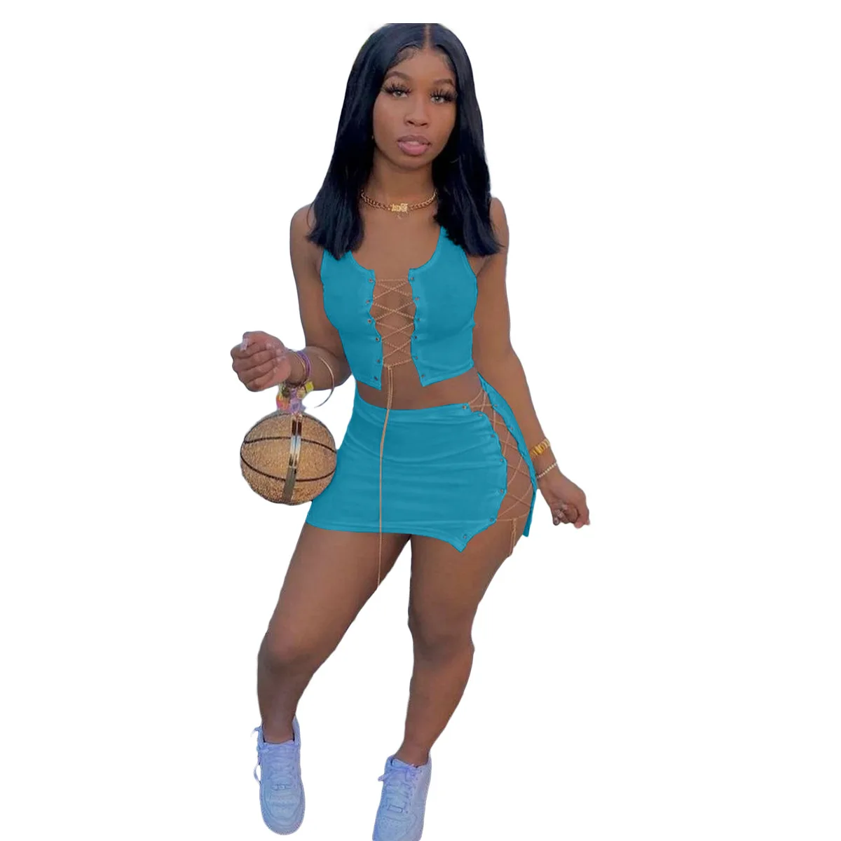 Fashion Ladies Chain Lacing Sleeveless Set New Skirt Sets 2 Piece Outfits Women Two Piece Skirts Sets
Fashion Ladies Chain Lacing Sleeveless Set New Skirt Sets 2 Piece Outfits Women Two Piece Skirts Sets