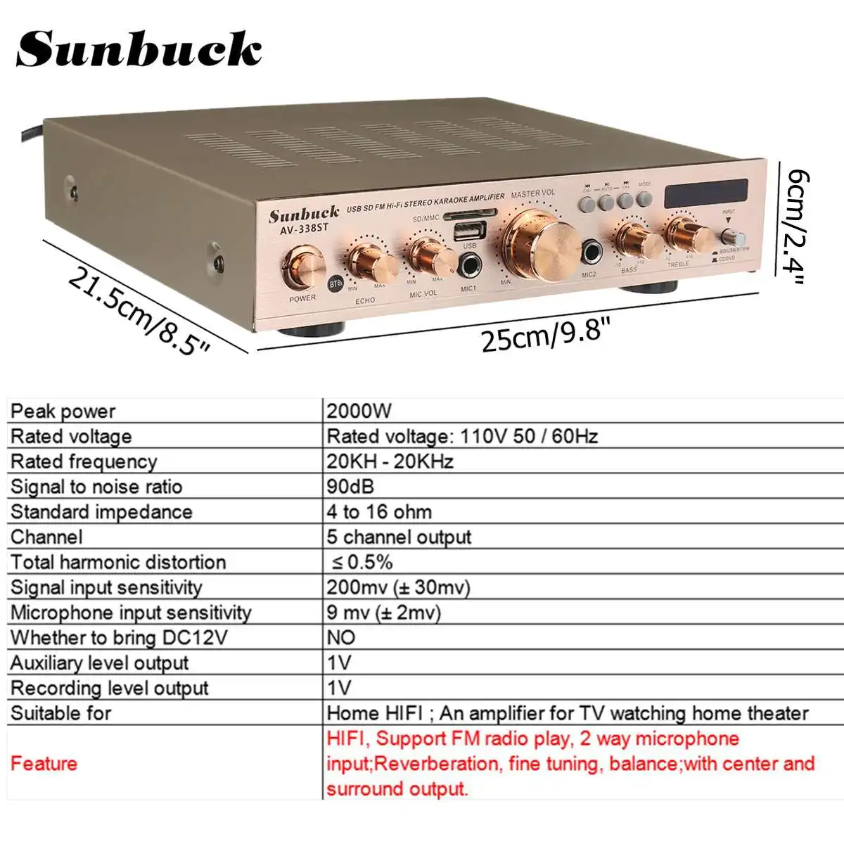 Цифровой Hi-Fi стерео усилитель мощности SUNBUCK 2000 Вт 50/60 Гц 5-канальный с поддержкой 2