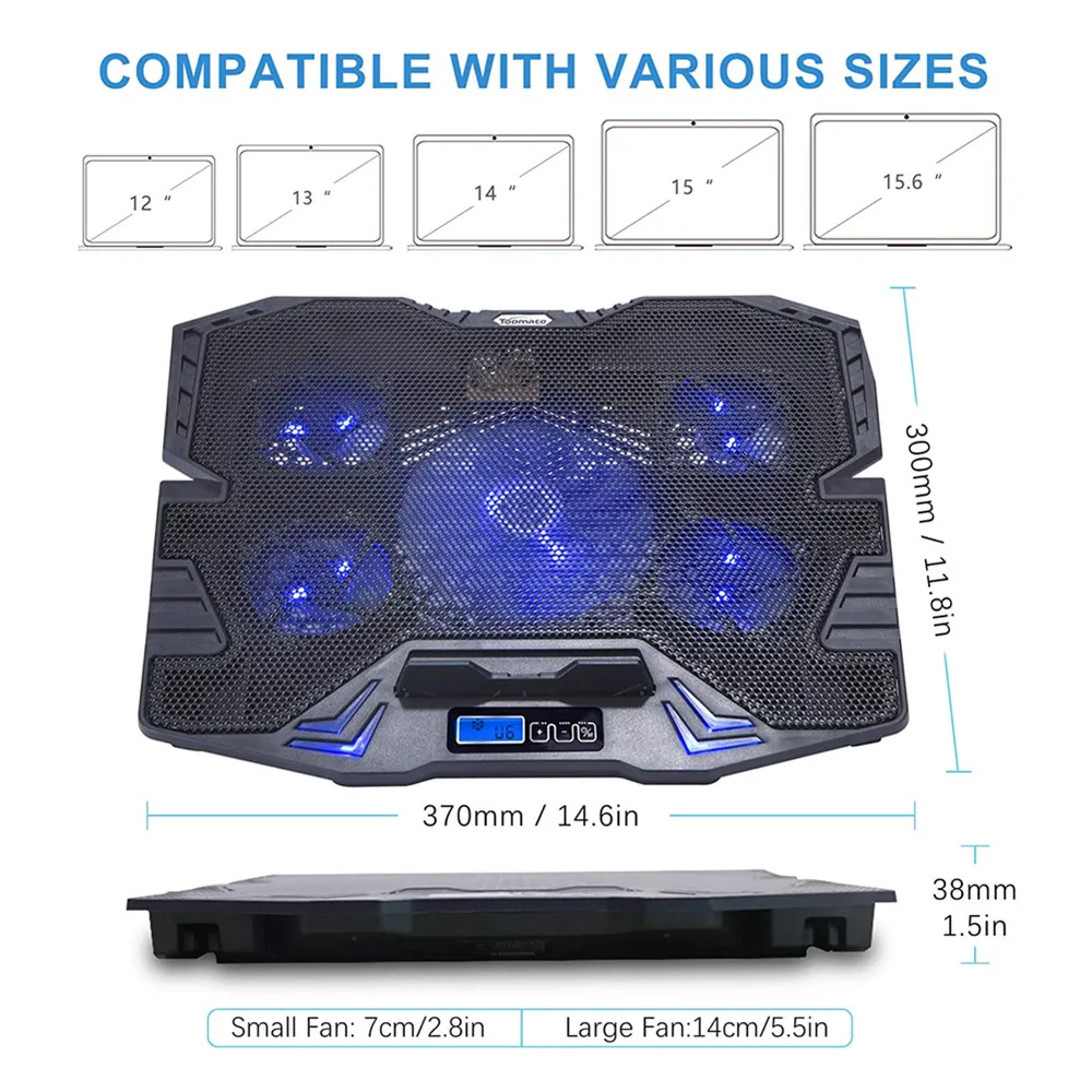 10-15.6 inch Gaming Laptop Cooler Cooling Pad, 5 Quiet Fans and LCD Screen, 5 Heights Adjustment, 2 USB Port and Blue LED Light
10-15.6 inch Gaming Laptop Cooler Cooling Pad, 5 Quiet Fans and LCD Screen, 5 Heights Adjustment, 2 USB Port and Blue LED Light