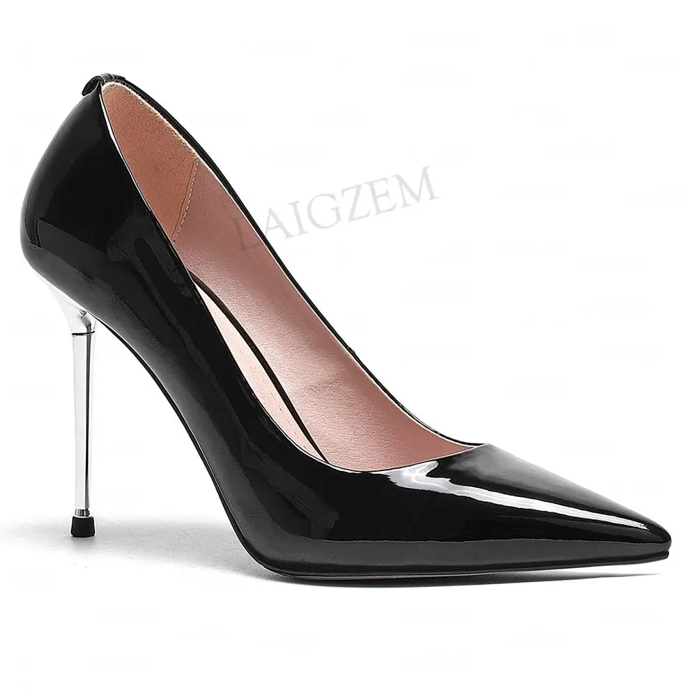 

LAIGZEM Wome Pumps Genuine Leather Shinny Matt Black Sandals Metal Stiletto Heels Party Dress Shoes Woman Plus Size 41 44 46