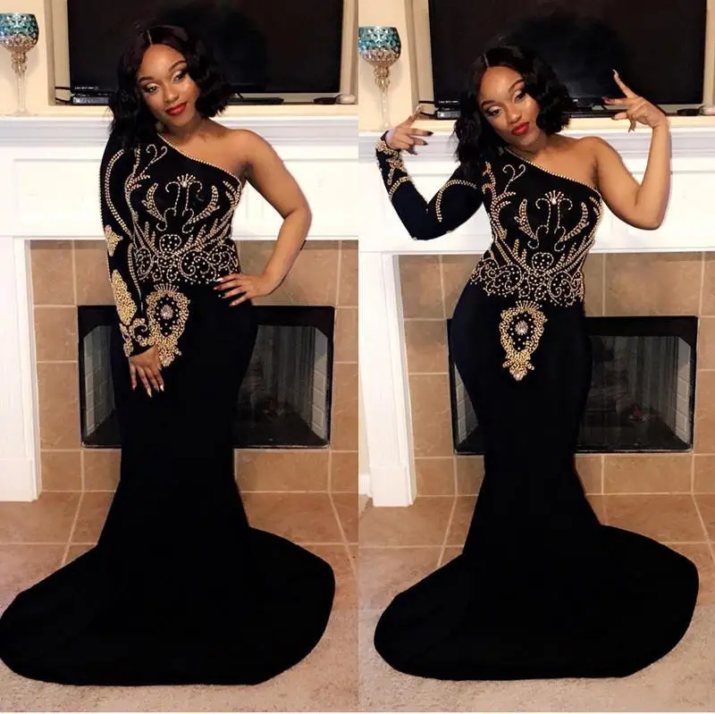 African Black Mermaid Prom Dresses One Shoulder Long Sleeve Beaded Plus Size Women Formal Evening Gowns
African Black Mermaid Prom Dresses One Shoulder Long Sleeve Beaded Plus Size Women Formal Evening Gowns
