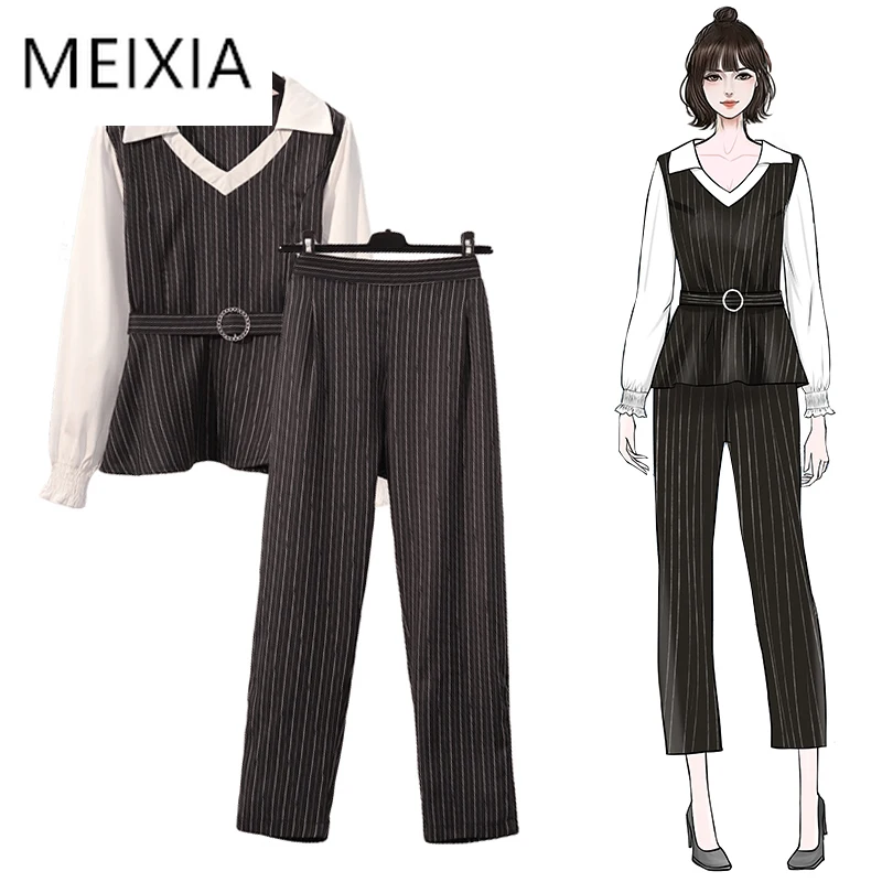 MEIXIA Autumn Women Two piece Set Striped Office Lady Turn-down Collar Belt Tops + Pants Elastic Waist Suit Casual 2 Piece Set
MEIXIA Autumn Women Two piece Set Striped Office Lady Turn-down Collar Belt Tops + Pants Elastic Waist Suit Casual 2 Piece Set