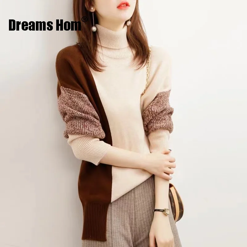 Свободные мягкие вязаные свитера, женский свитер с высоким воротом, контрастный цвет, Осень-зима 2021, теплый пуловер, свитер для женщин 
Свободные мягкие вязаные свитера, женский свитер с высоким воротом, контрастный цвет, Осень-зима 2021, теплый пуловер, свитер для женщин