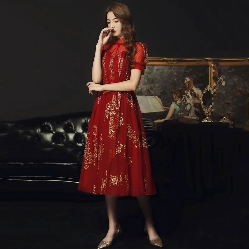 High Neck Burgundy Evening Dress Sequins Fashion A-Line Empire Short Sleeves Tea-Length Tulle New Woman Formal Party Gowns A1549
High Neck Burgundy Evening Dress Sequins Fashion A-Line Empire Short Sleeves Tea-Length Tulle New Woman Formal Party Gowns A1549
