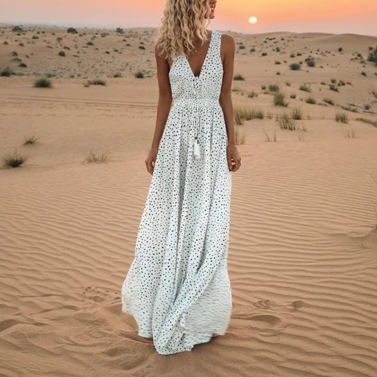 Summer Long Dress Elegant V Neck Sleeveless Dot Printed Party Dress Fashion Tassel Loose Bohemian Holiday Maxi Dresses
Summer Long Dress Elegant V Neck Sleeveless Dot Printed Party Dress Fashion Tassel Loose Bohemian Holiday Maxi Dresses
