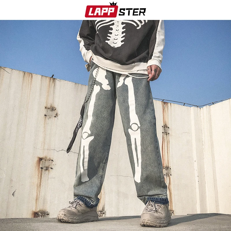 LAPPSTER Men Skeleton Oversized Black Jeans Pants 2021 Denim Mens Streetwear Hip Hop Harem Pants High Wasit Denim Pants Overalls 
LAPPSTER Men Skeleton Oversized Black Jeans Pants 2021 Denim Mens Streetwear Hip Hop Harem Pants High Wasit Denim Pants Overalls