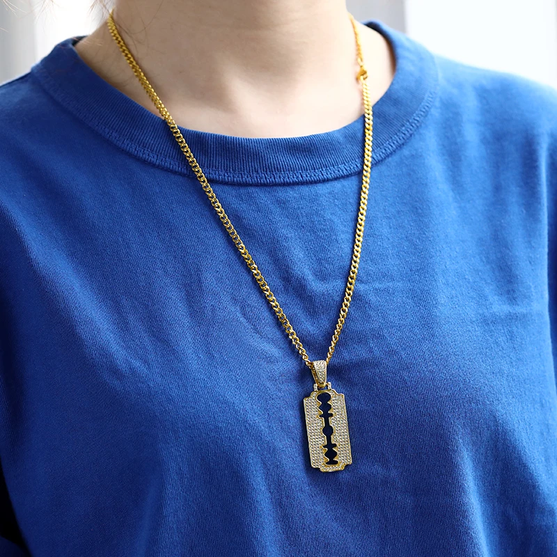 Male Pendant Pave Rhinestone Zircon Razor Blade Necklace Men's Stainless Steel Gold Necklace Men's Chain Hip hop Jewelry Gift
Male Pendant Pave Rhinestone Zircon Razor Blade Necklace Men's Stainless Steel Gold Necklace Men's Chain Hip hop Jewelry Gift