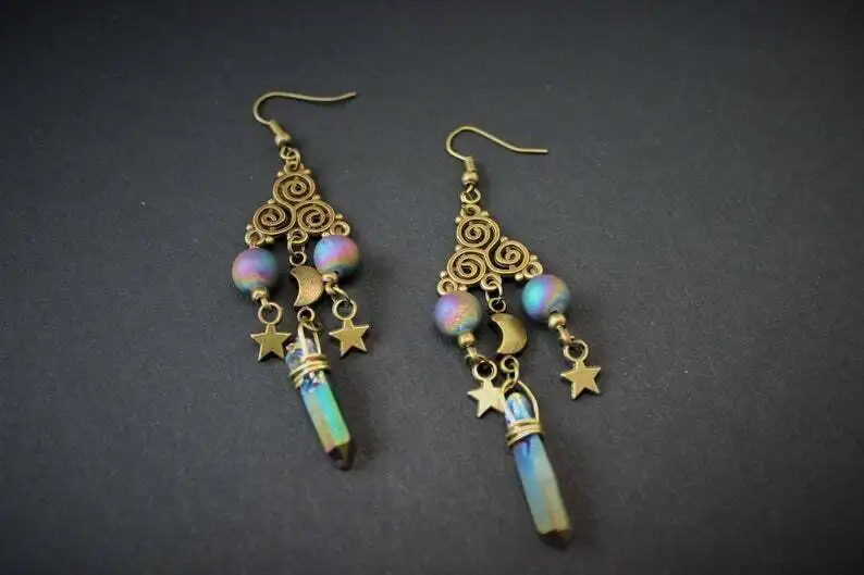 Aura Quartz,Titanium Crystal, Gothic Moon Gift,Drop Earrings,Pagan Gift, Wicca Jewelry
Aura Quartz,Titanium Crystal, Gothic Moon Gift,Drop Earrings,Pagan Gift, Wicca Jewelry